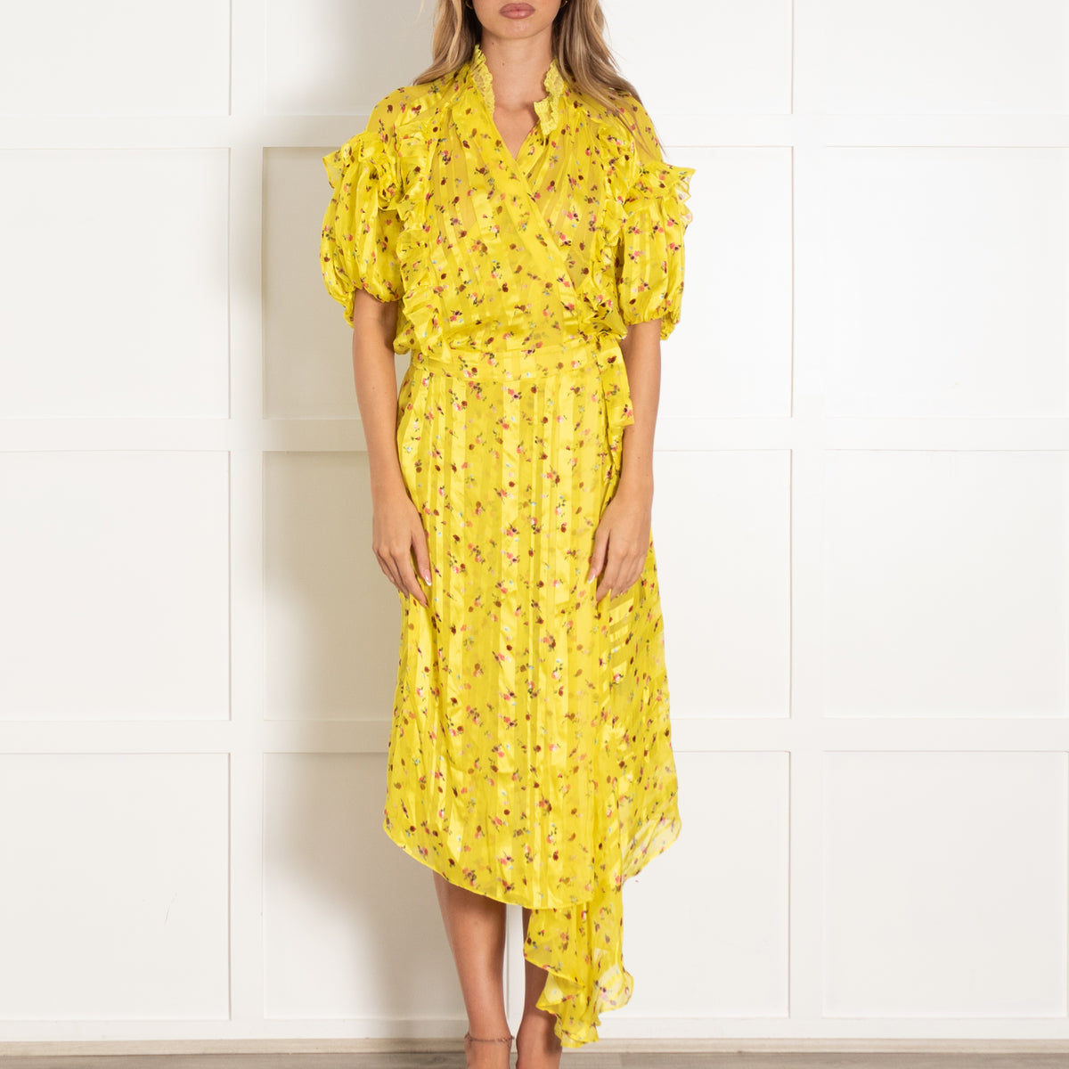 Preen By Thornton Bregazzi Yellow Floral Silk Maxi Wrap Dress