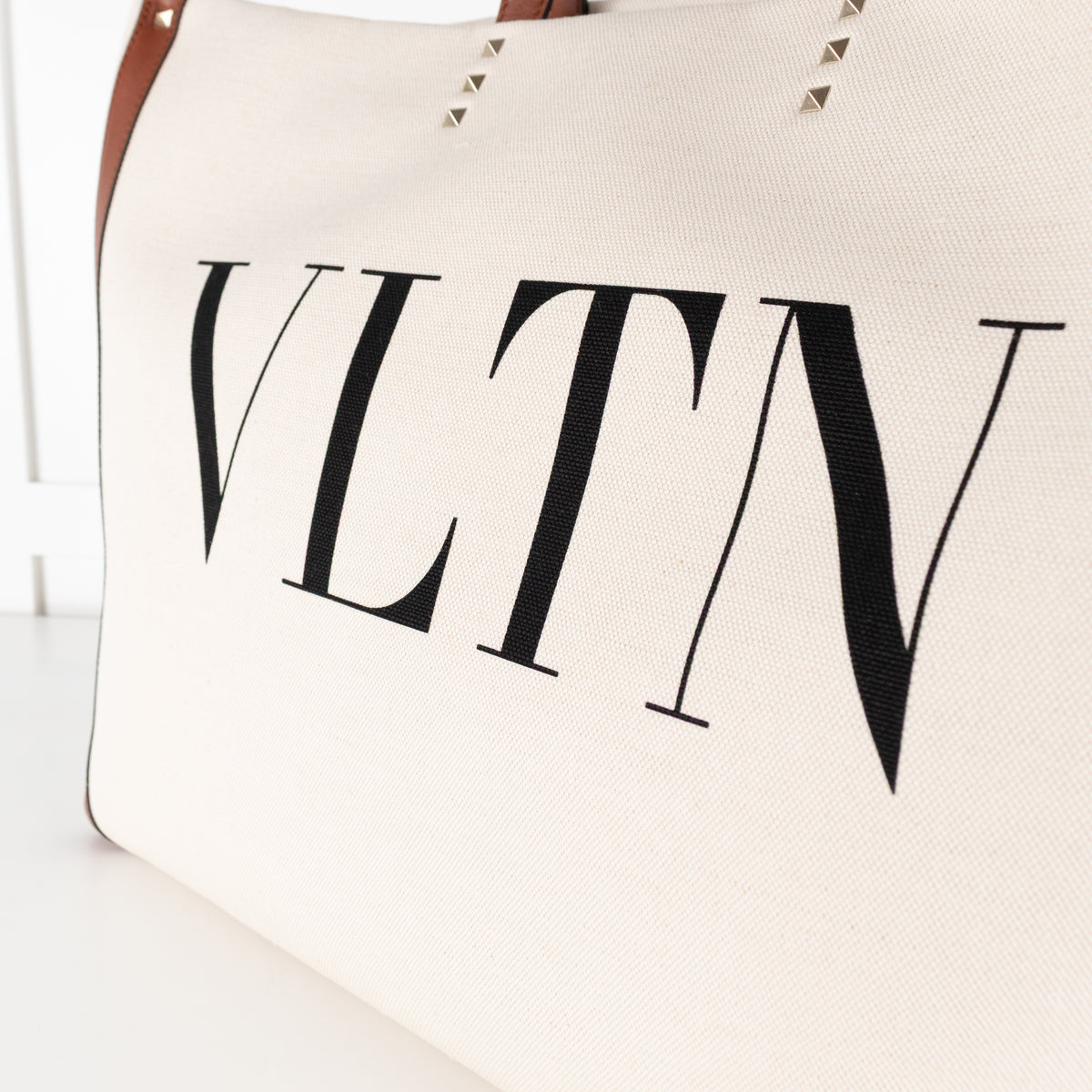 Valentino Off White Brown Canvas And Leather Large Rockstud VLTN Tote