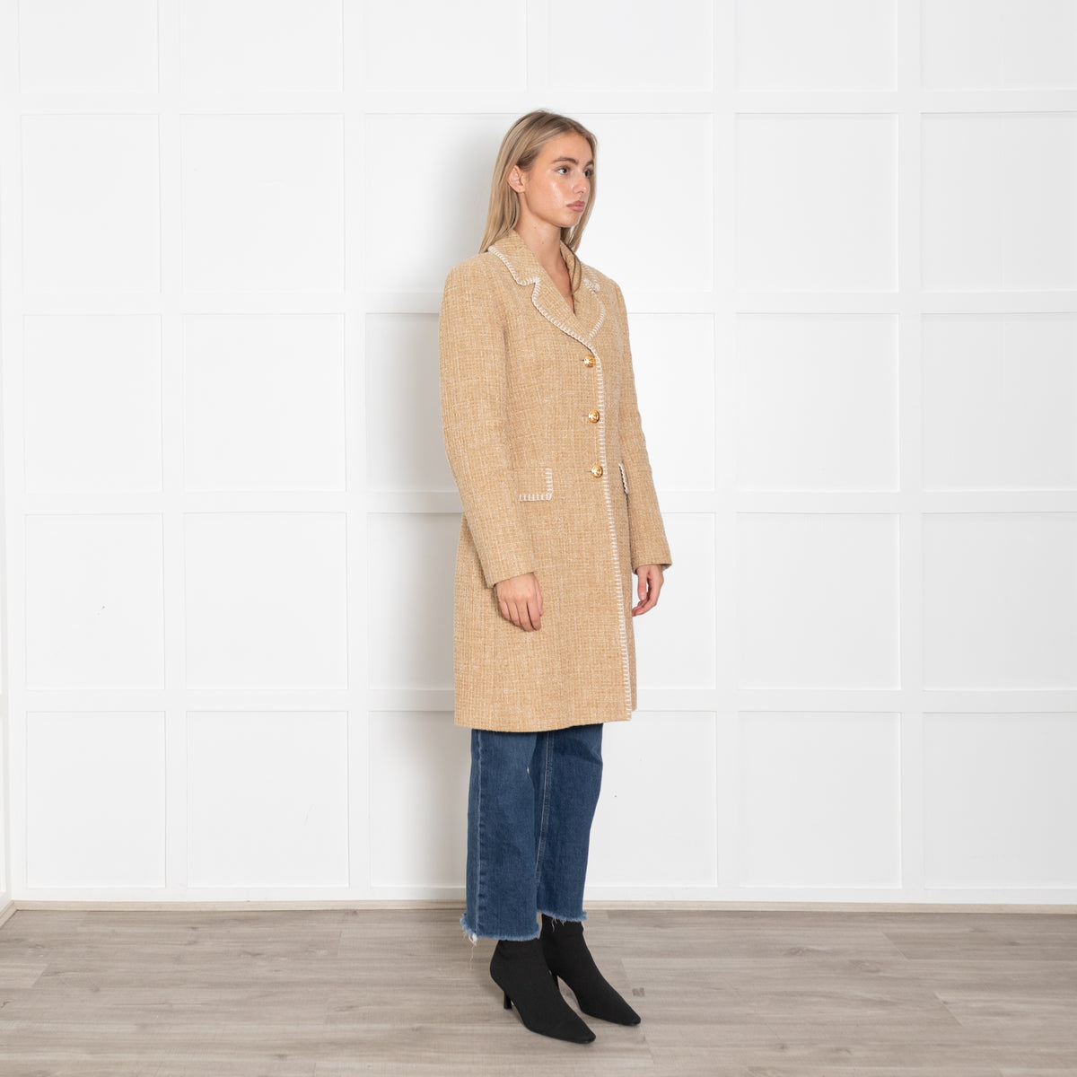 Boutique Moschino Beige Boucle Coat with Stitch Edge Detail