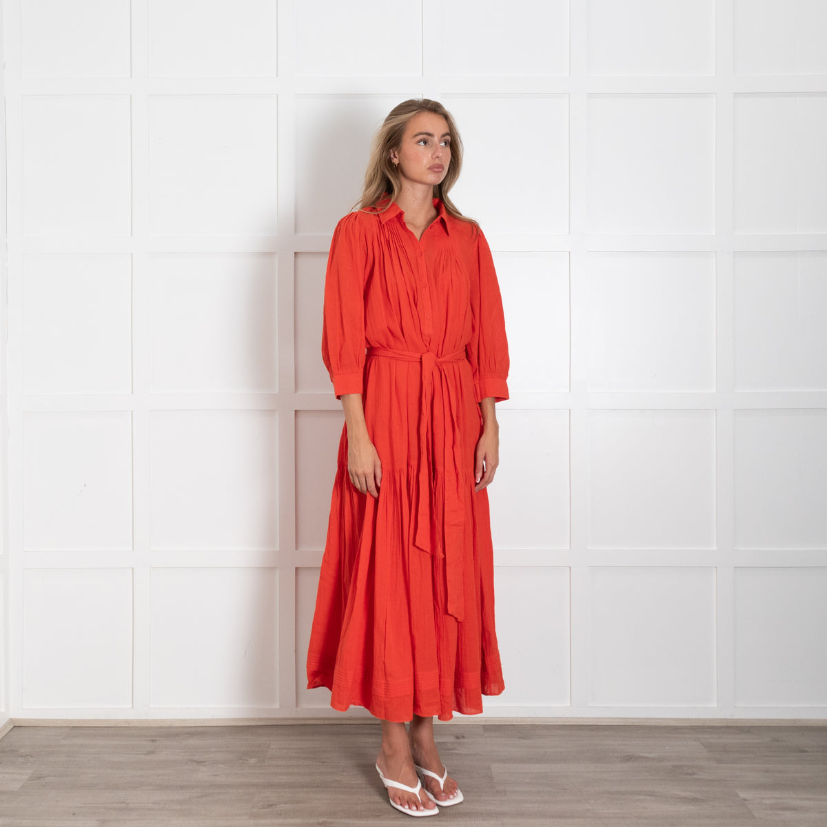 Me + Em Red Dress With Pintuck Shoulder Detail and Belt