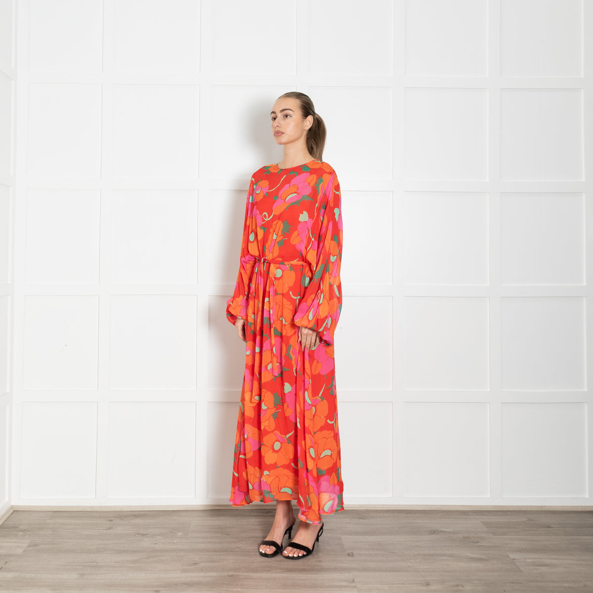 Rixo Orange Floral Sheer Maxi Dress With Slip
