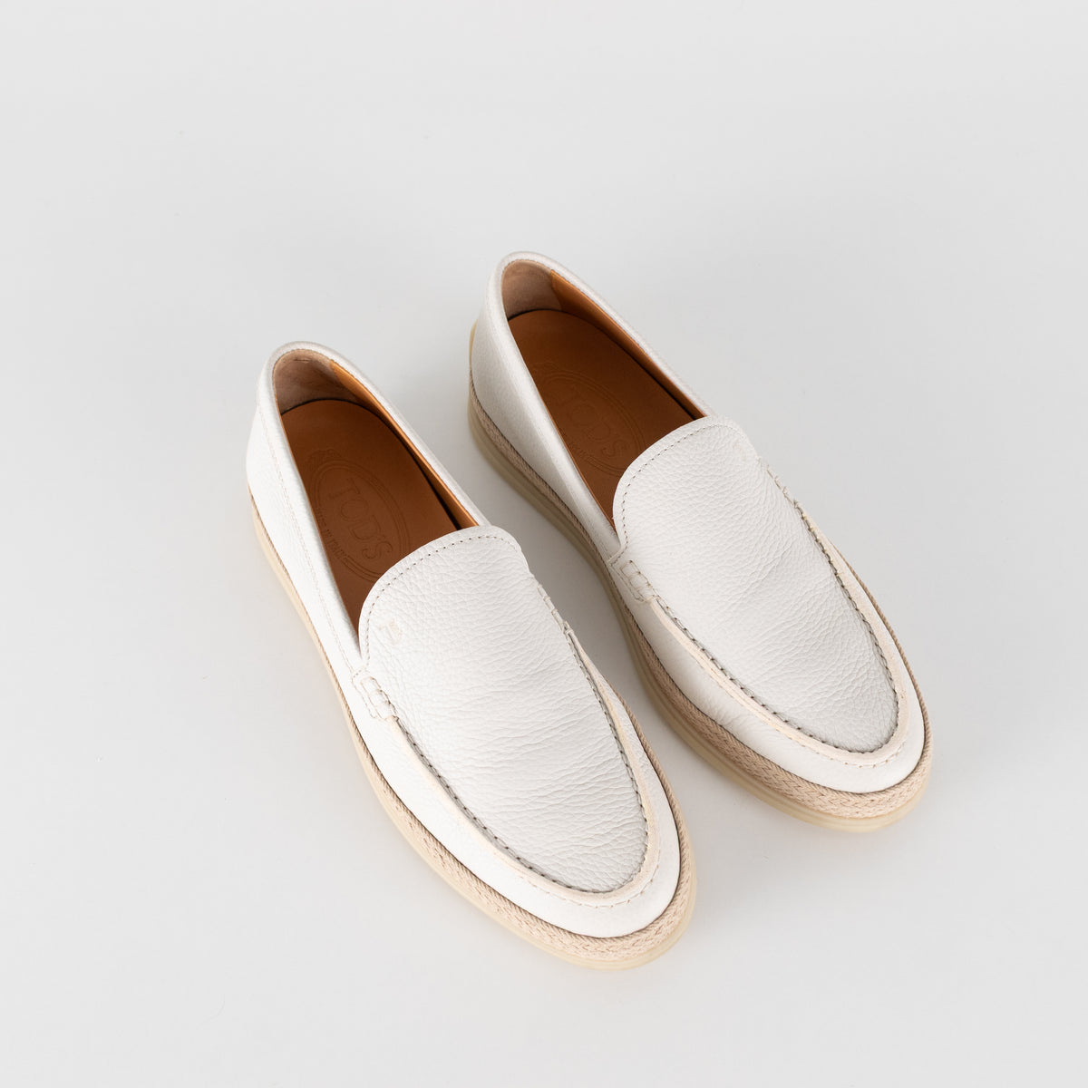 Tod's White Raffia Trimmed Leather Loafers