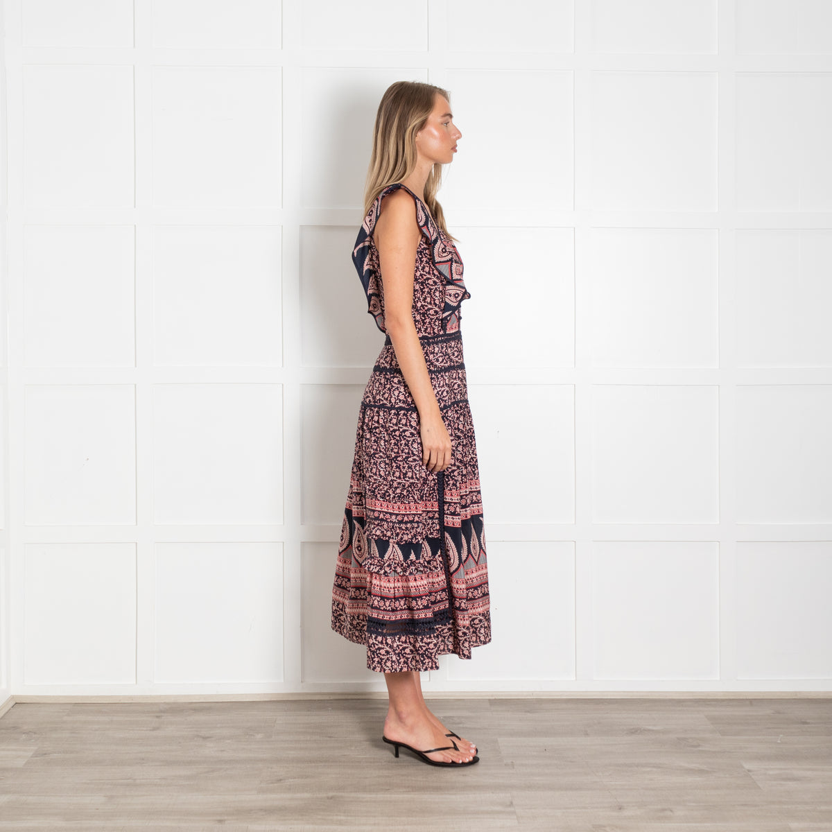 Sea New York Navy Red Cream Floral Print Sleeveless Maxi Dress