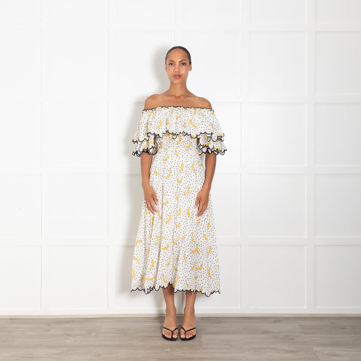 Gul Hurgel White & Yellow Banana Print Maxi Dress