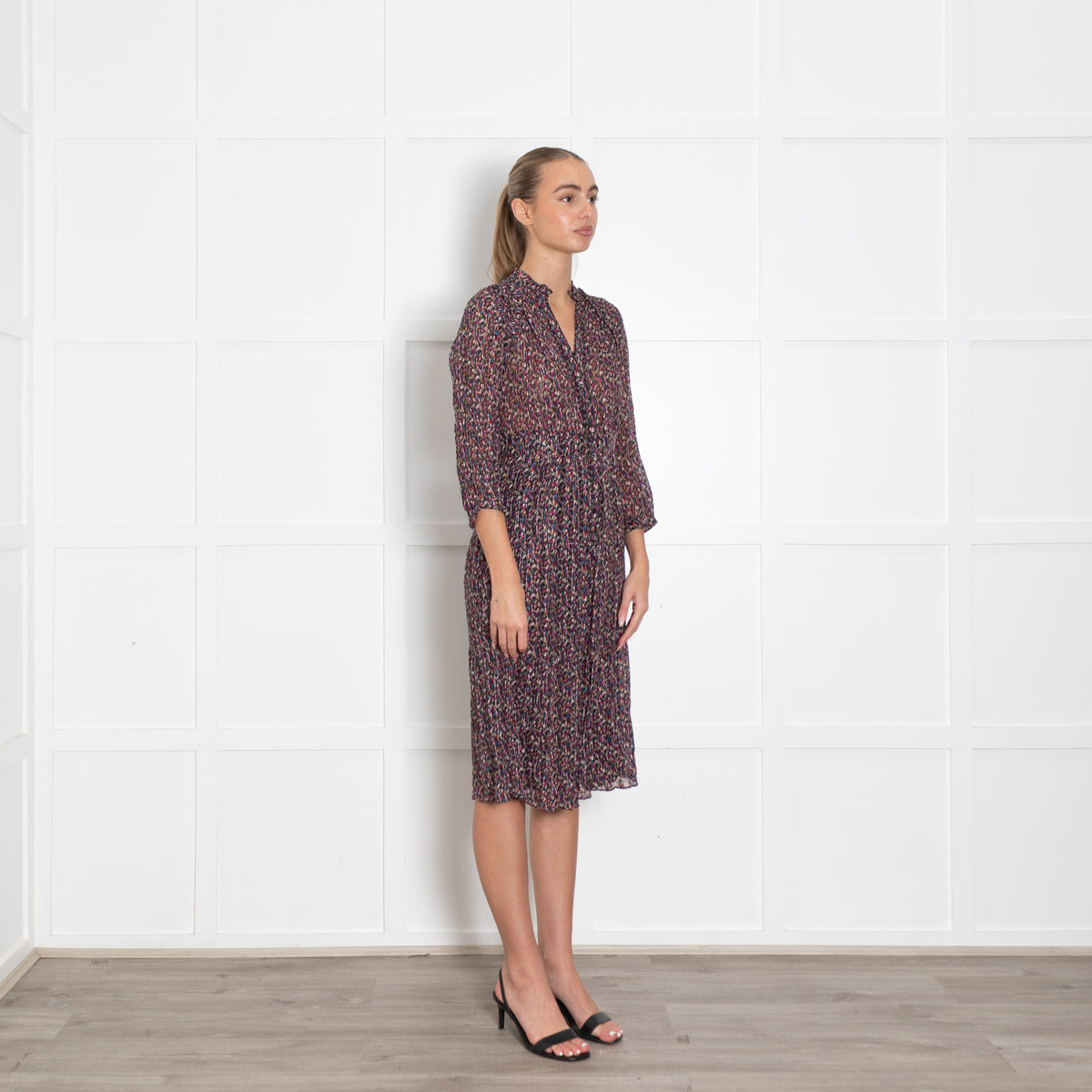 BA&SH Multicoloured Button Up Midi Long Sleeve Frilled Dress