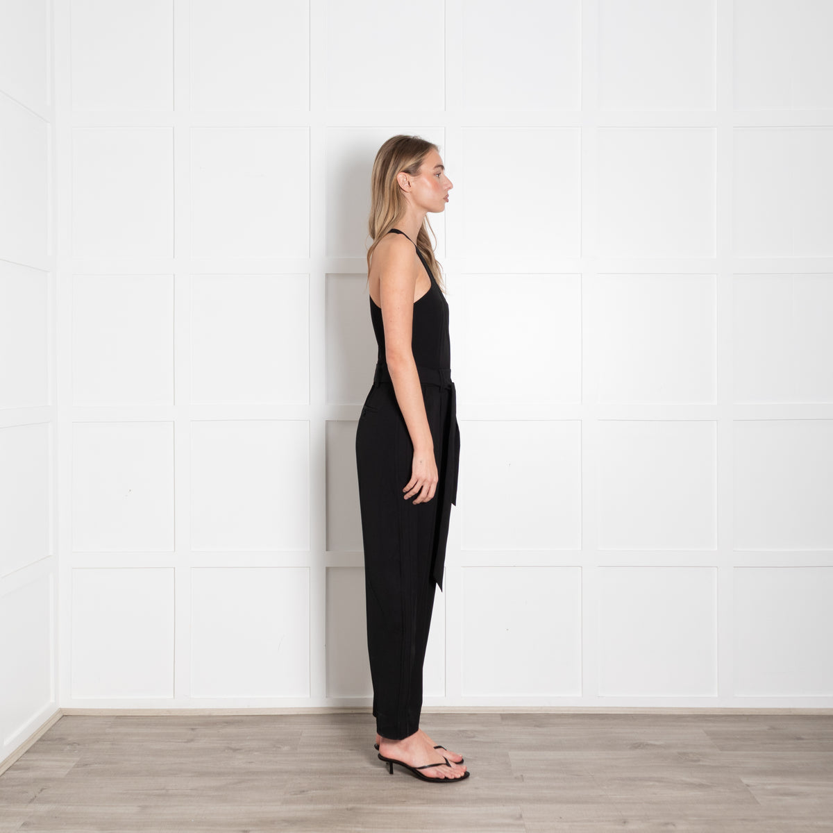 Me + Em Black Sleeveless Belted Front Pleat Jumpsuit