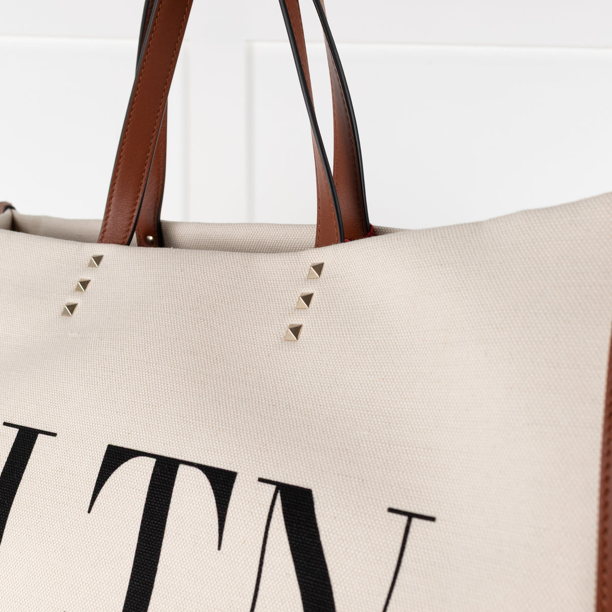Valentino Off White Brown Canvas And Leather Large Rockstud VLTN Tote