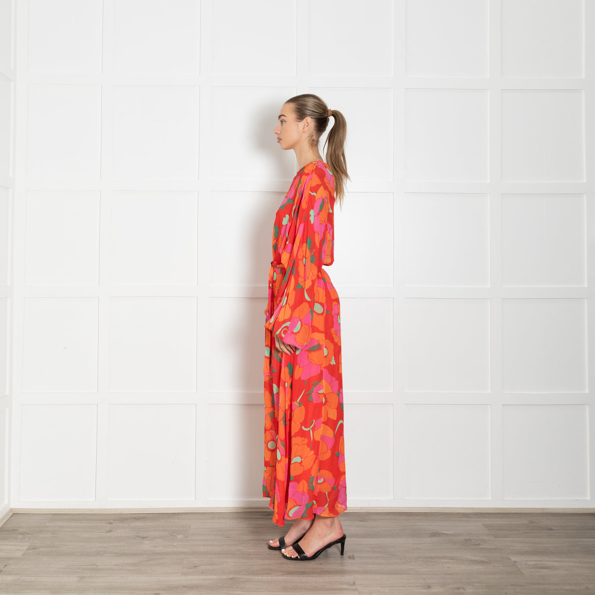 Rixo Orange Floral Sheer Maxi Dress With Slip