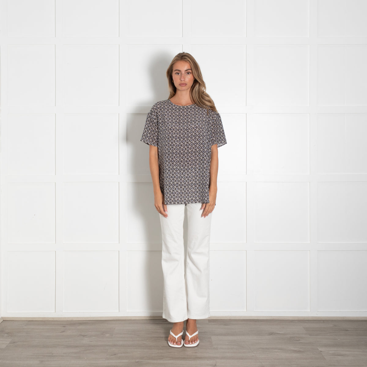 Bruno Manetti Grey Black Blue Geometric Print Silk Top