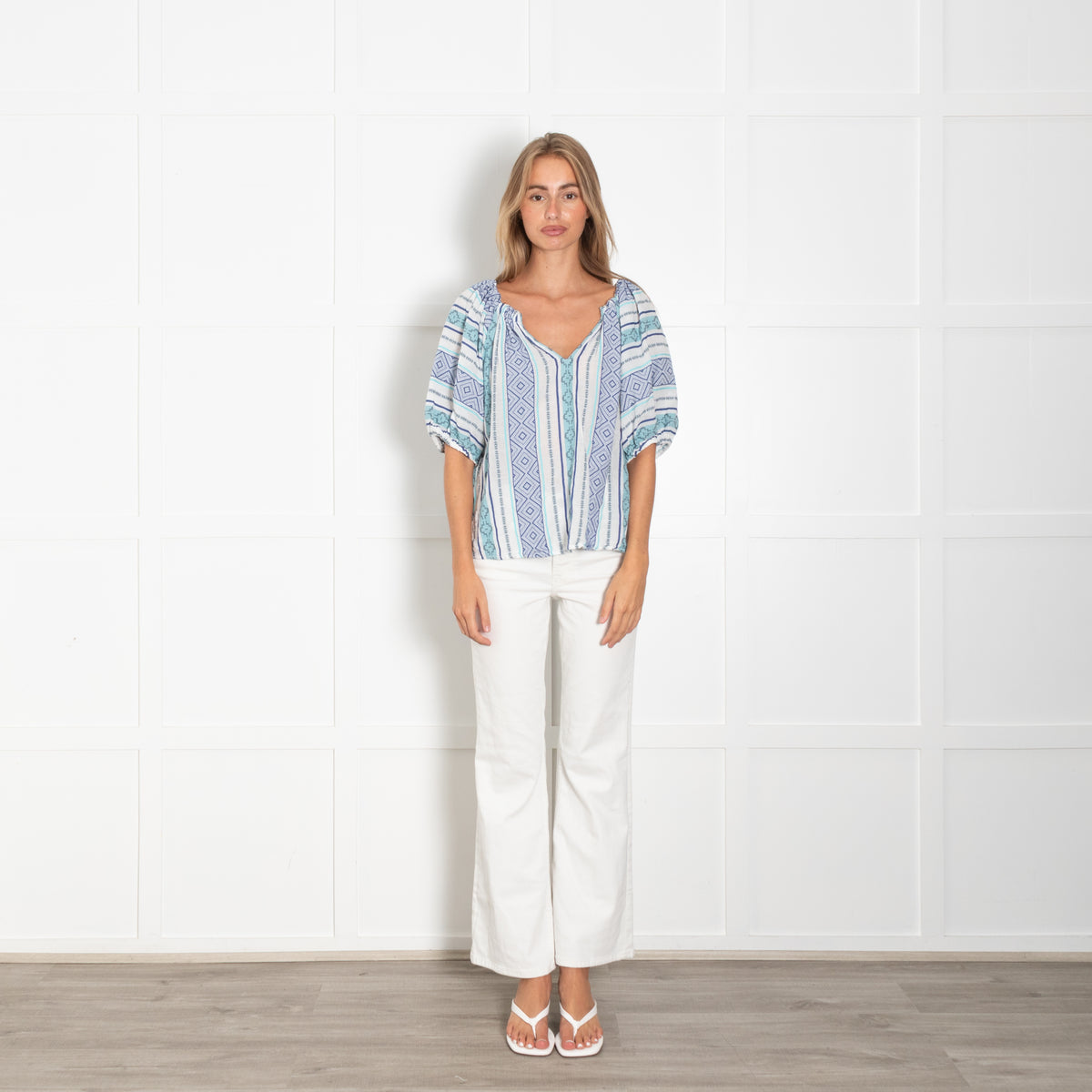 Velvet White Blue Embroidered Fabric Cotton Top