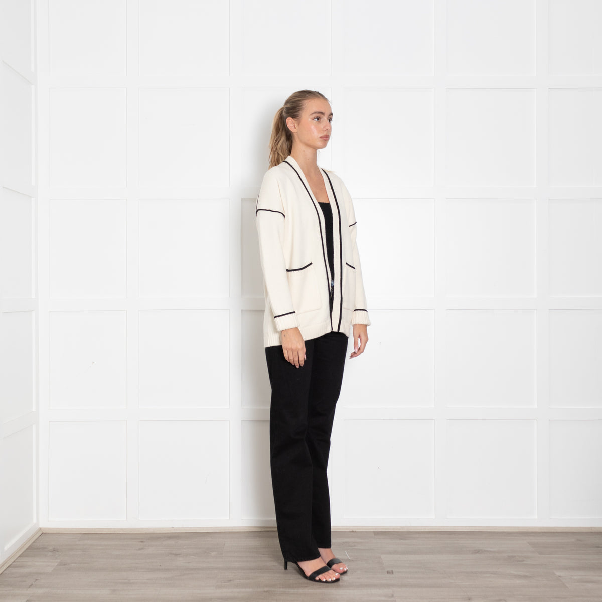 Maje Cream Cardigan with Black Trim