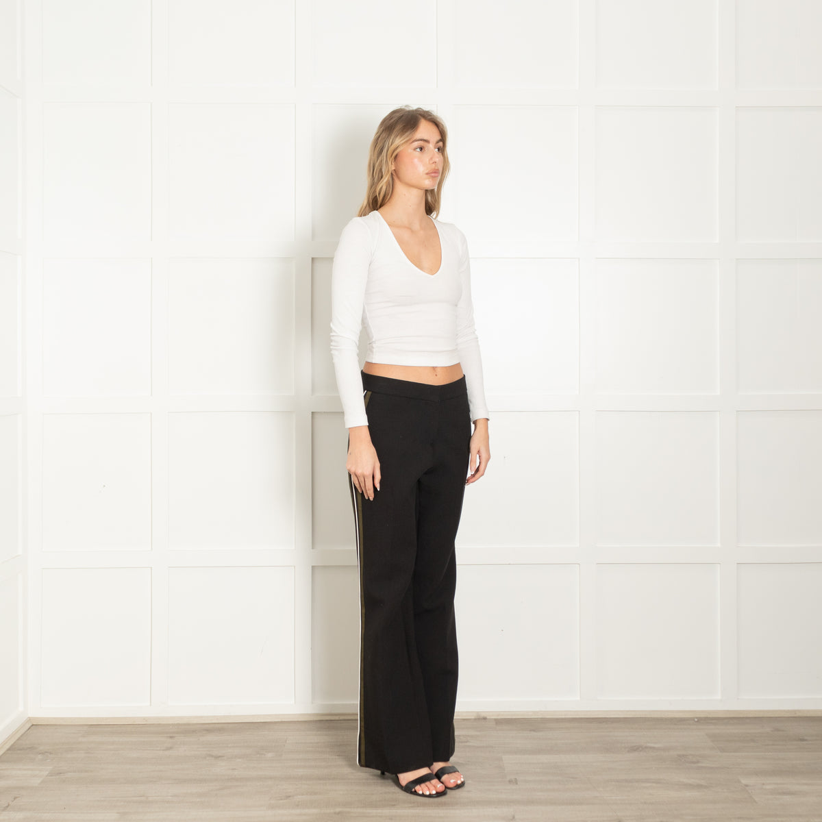 Me + Em Black Khaki Cream Side Stripe Wide Leg Trousers