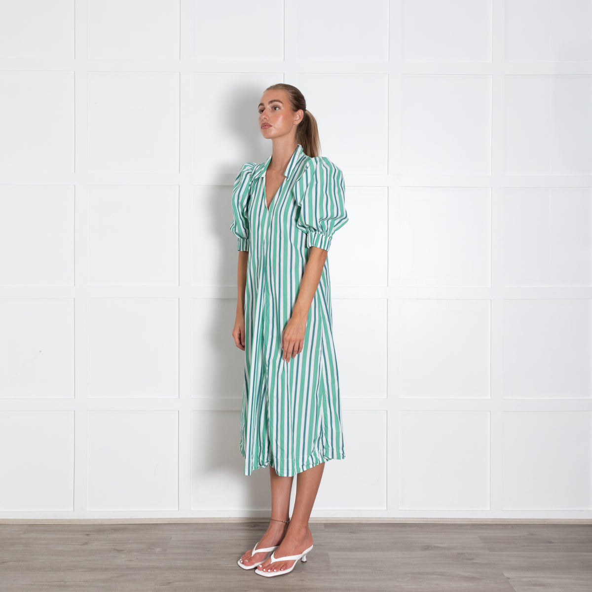 Ganni White Green Striped Mid Sleeve Shirt Dress With Collar And V Neck