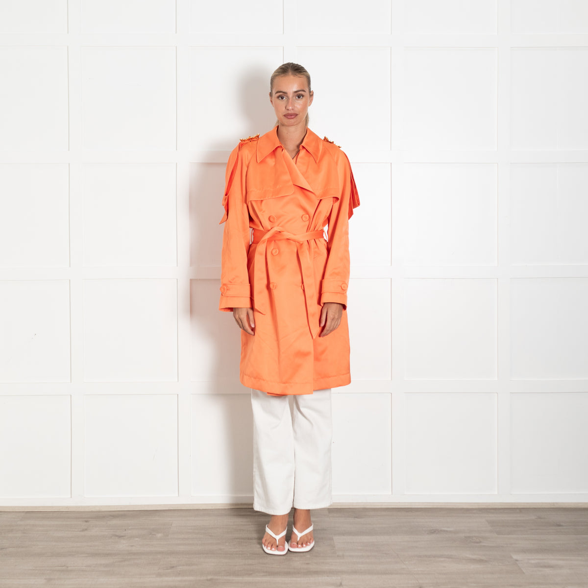 Moschino Orange Gold Buckle Shoulder Detail Satin Coat