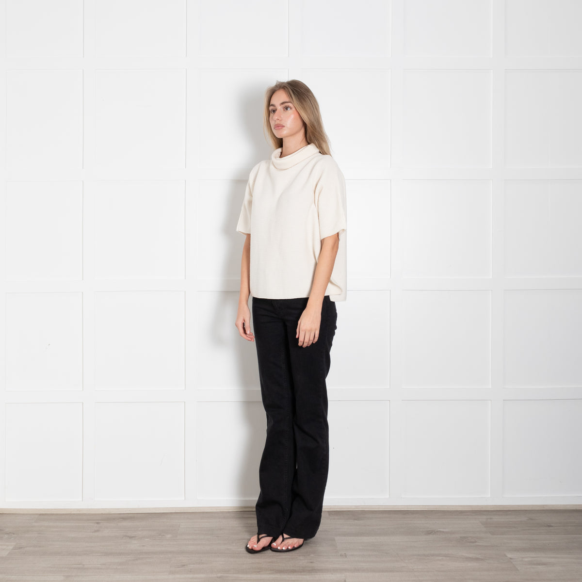 Le Tricot Perugia Cream Rib Short Sleeve Cowl Neck Jumper