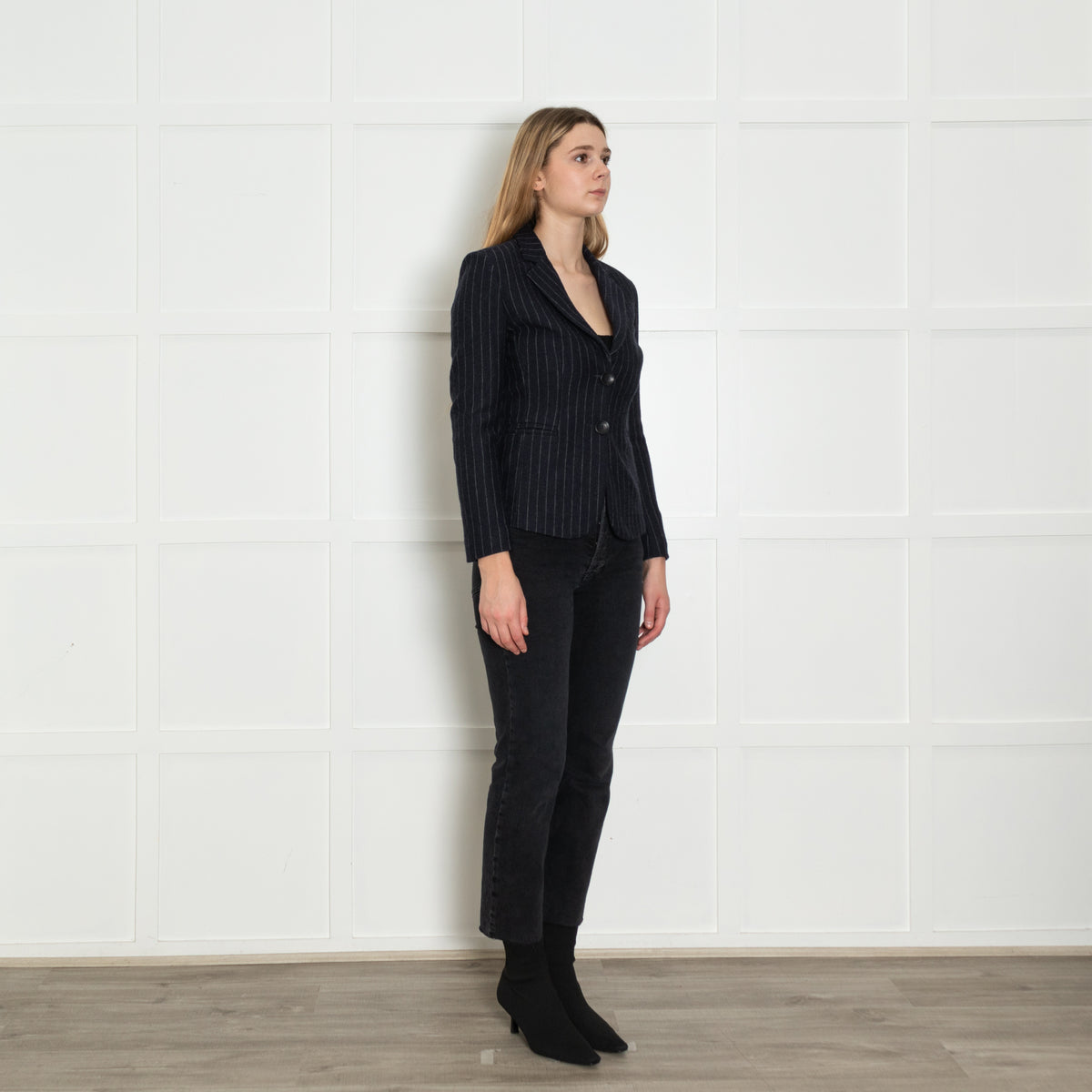 Maje Navy Blue Grey Pinstripe Wool Blend Short Jacket