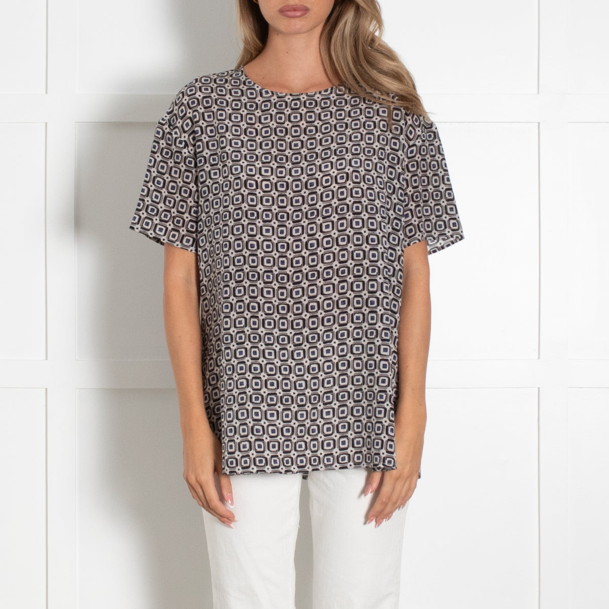 Bruno Manetti Grey Black Blue Geometric Print Silk Top