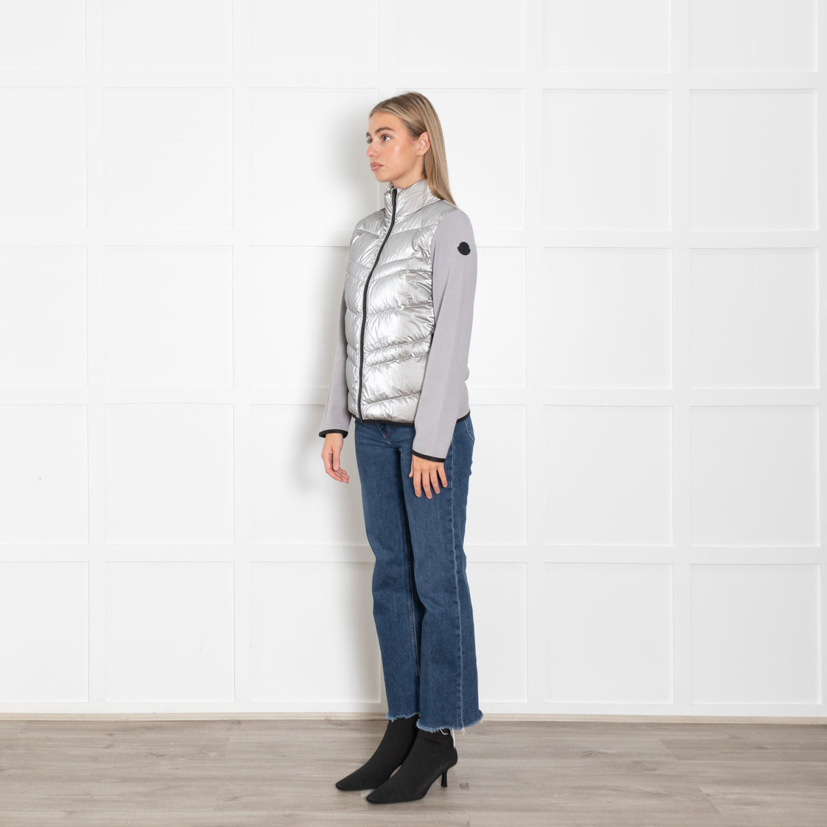 Moncler Silver Panelled Wool-Blend & Quilted Shell Down Jacket