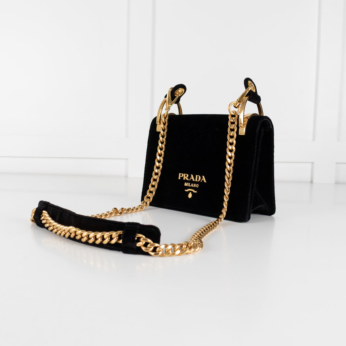 Prada Pattina Black Velvet Flap Bag With Gold Chain
