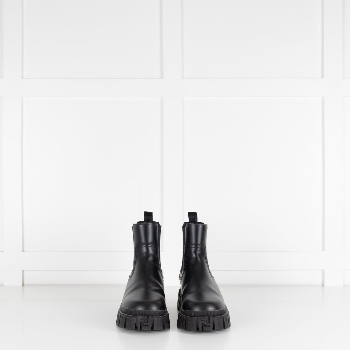 Fendi Logo Embossed Black Leather Chelsea Boots