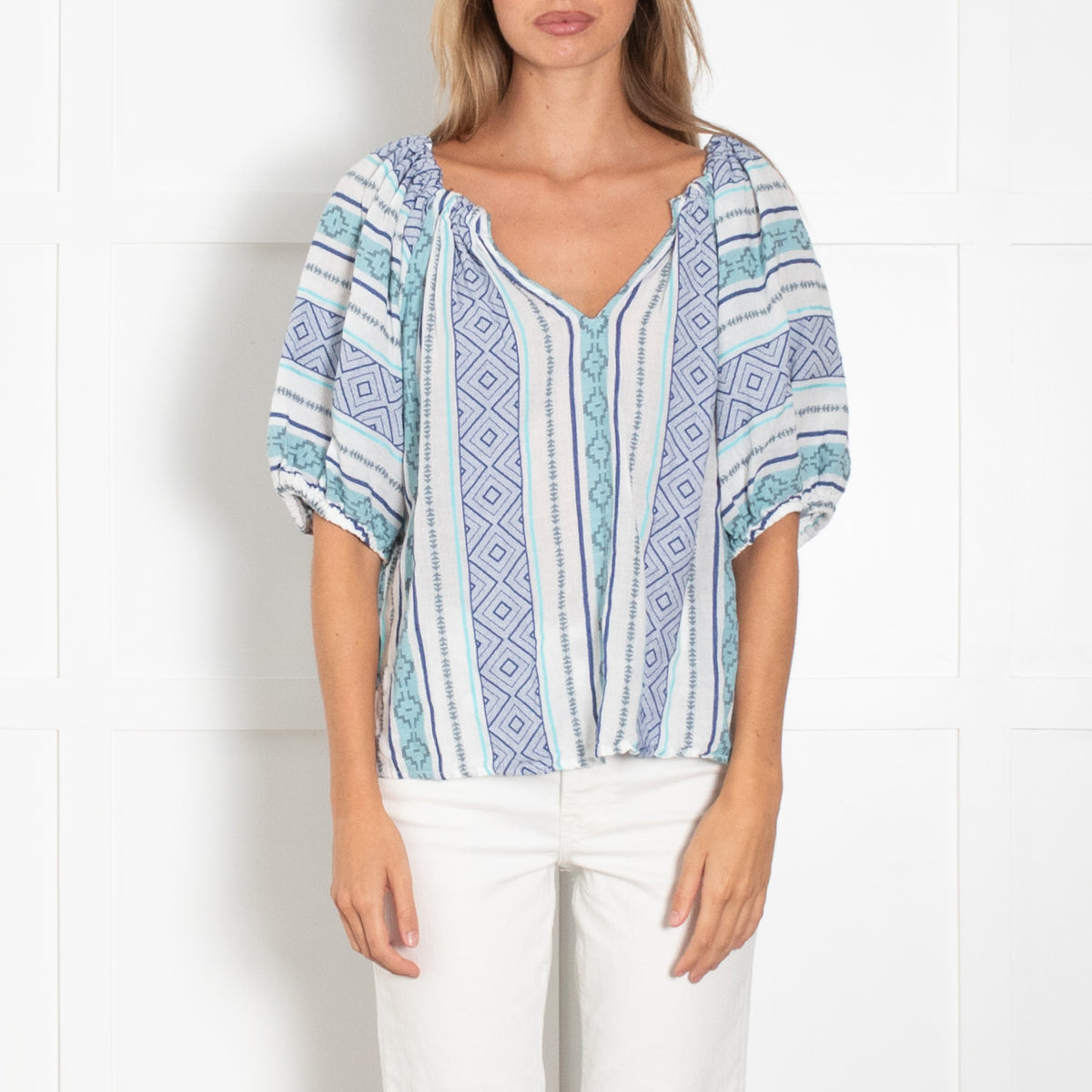 Velvet White Blue Embroidered Fabric Cotton Top