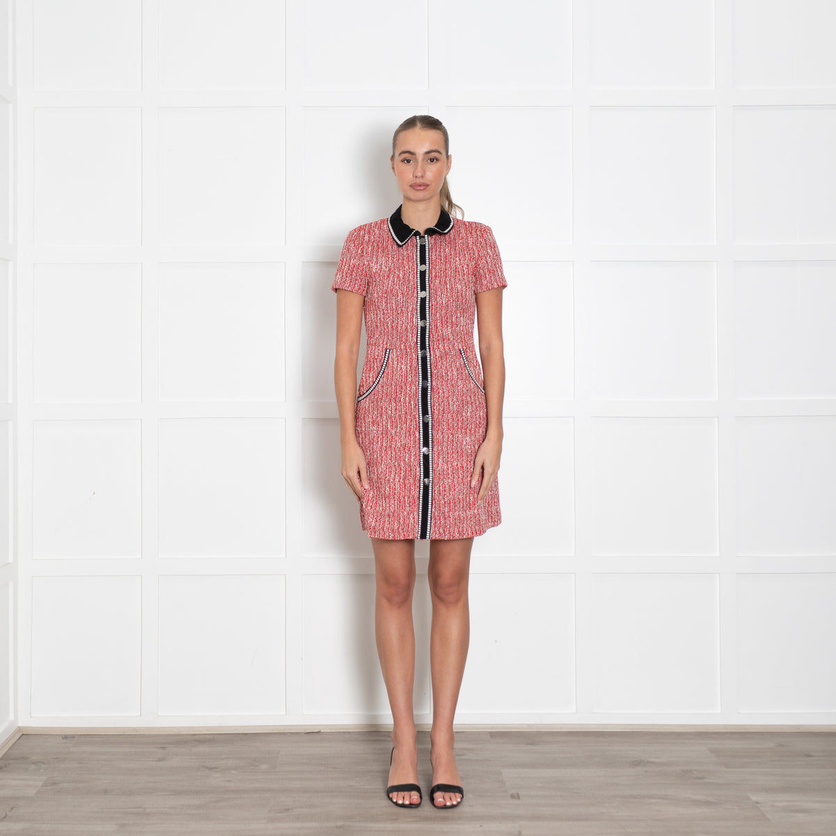 Maje Red White Tweed Short Sleeve Black Trim Dress