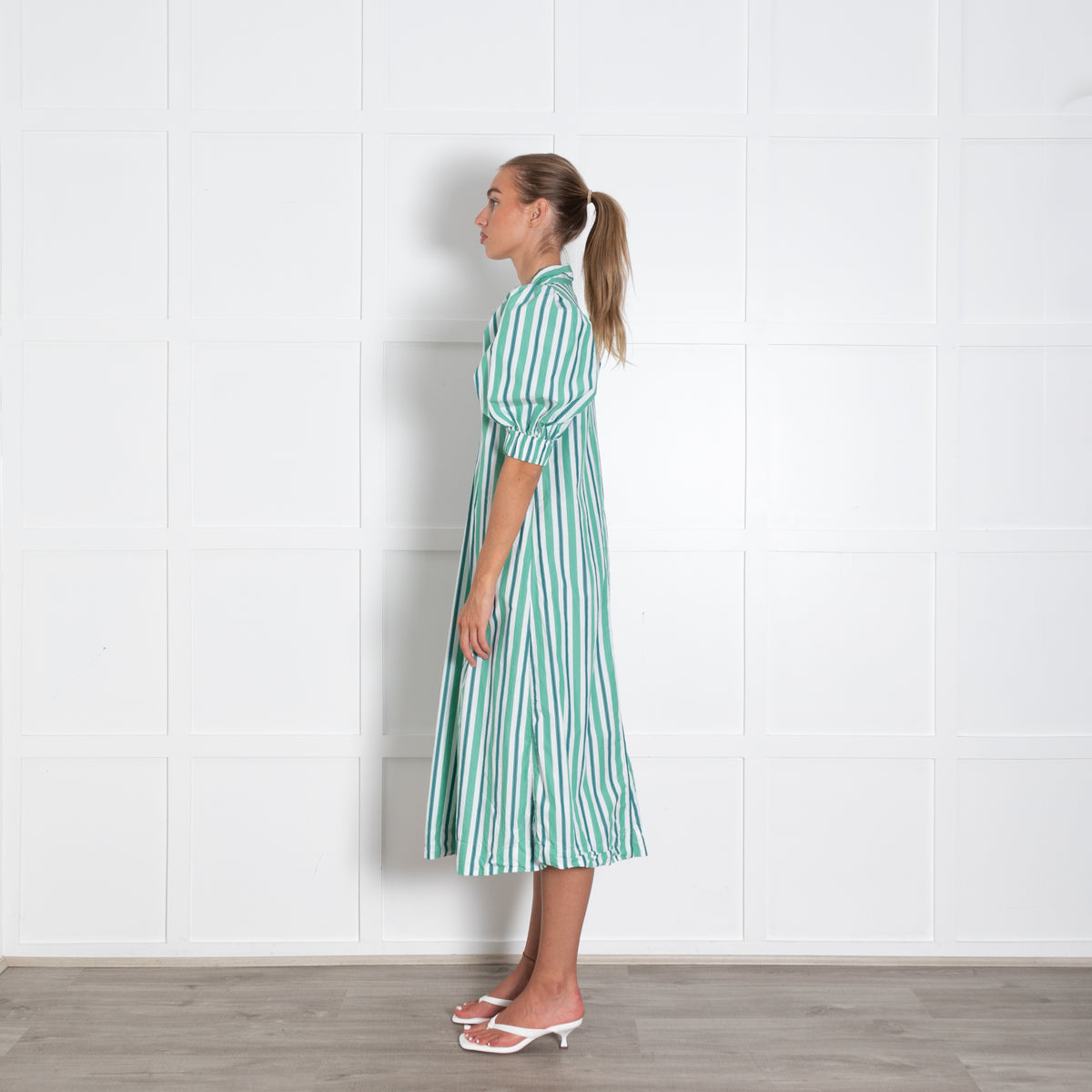 Ganni White Green Striped Mid Sleeve Shirt Dress With Collar And V Neck