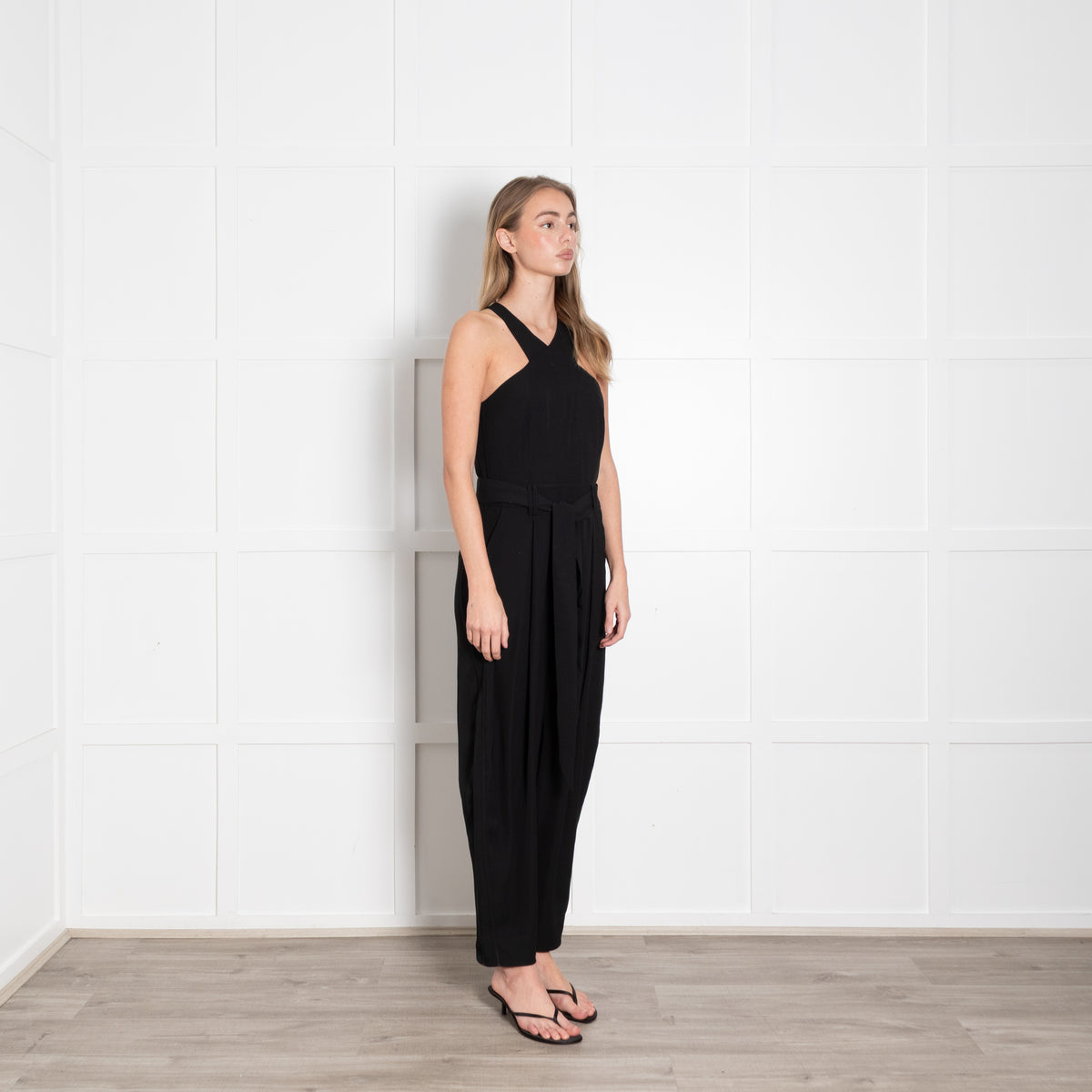 Me + Em Black Sleeveless Belted Front Pleat Jumpsuit