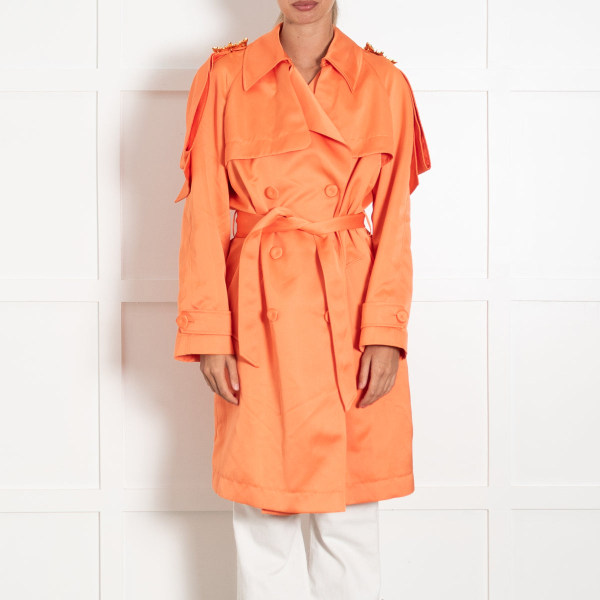 Moschino Orange Gold Buckle Shoulder Detail Satin Coat