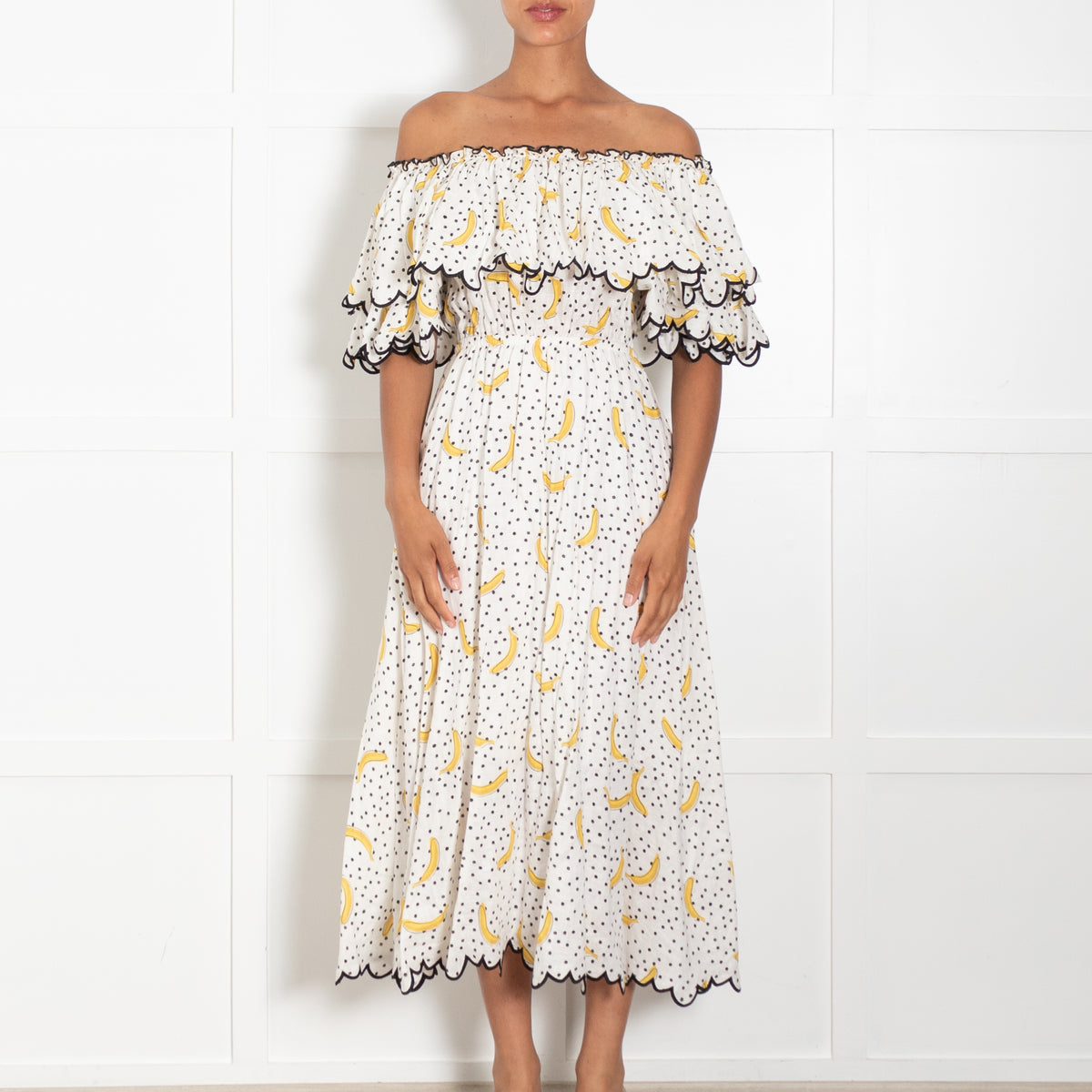 Gul Hurgel White & Yellow Banana Print Maxi Dress