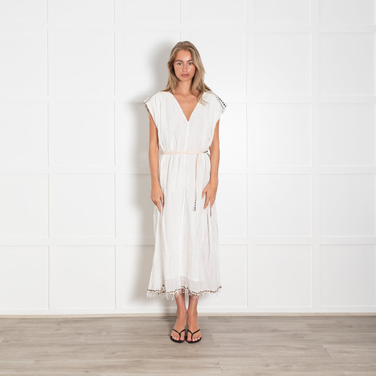 LemLem White Cotton Gauze Oversized Kaftan with Tassles edges
