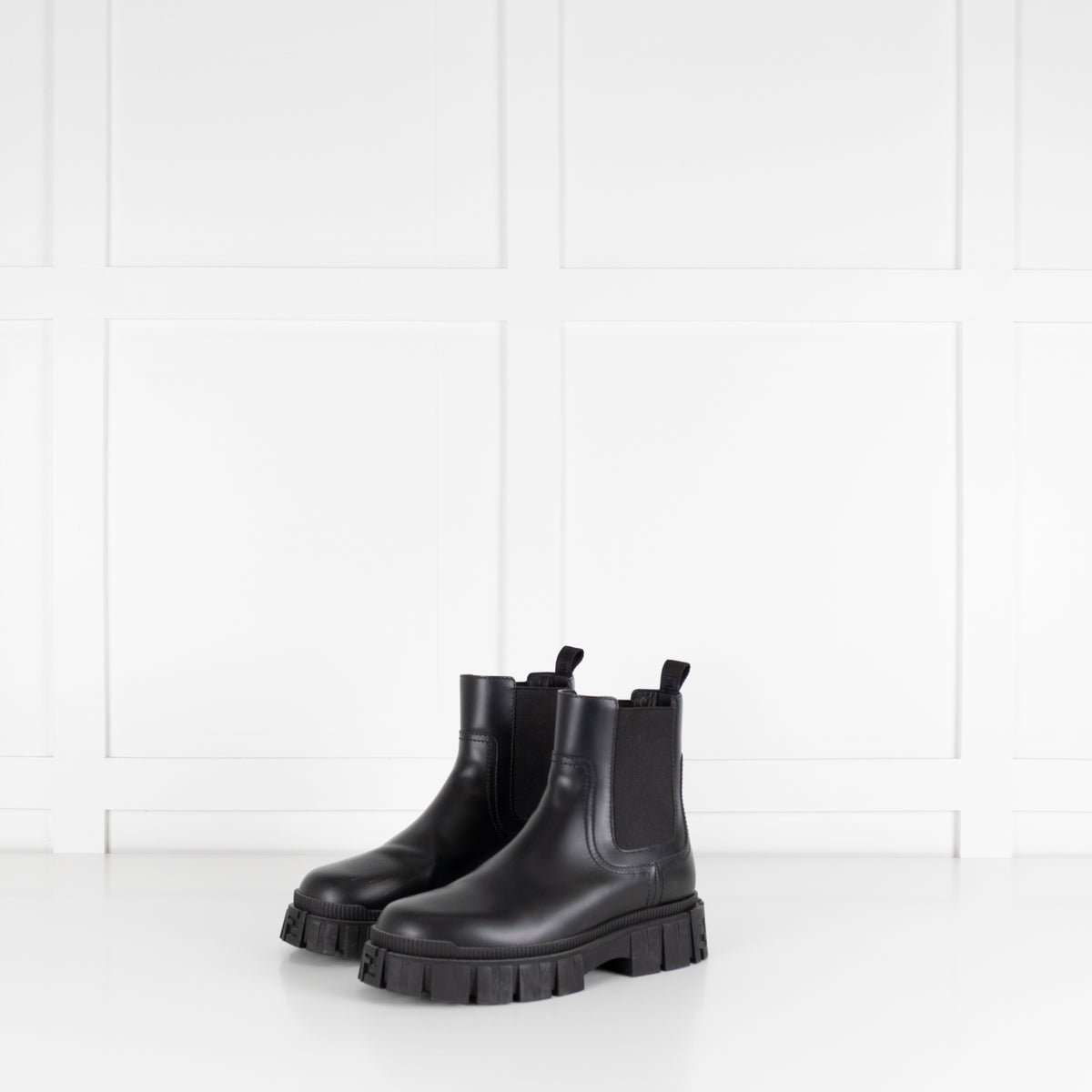 Fendi Logo Embossed Black Leather Chelsea Boots