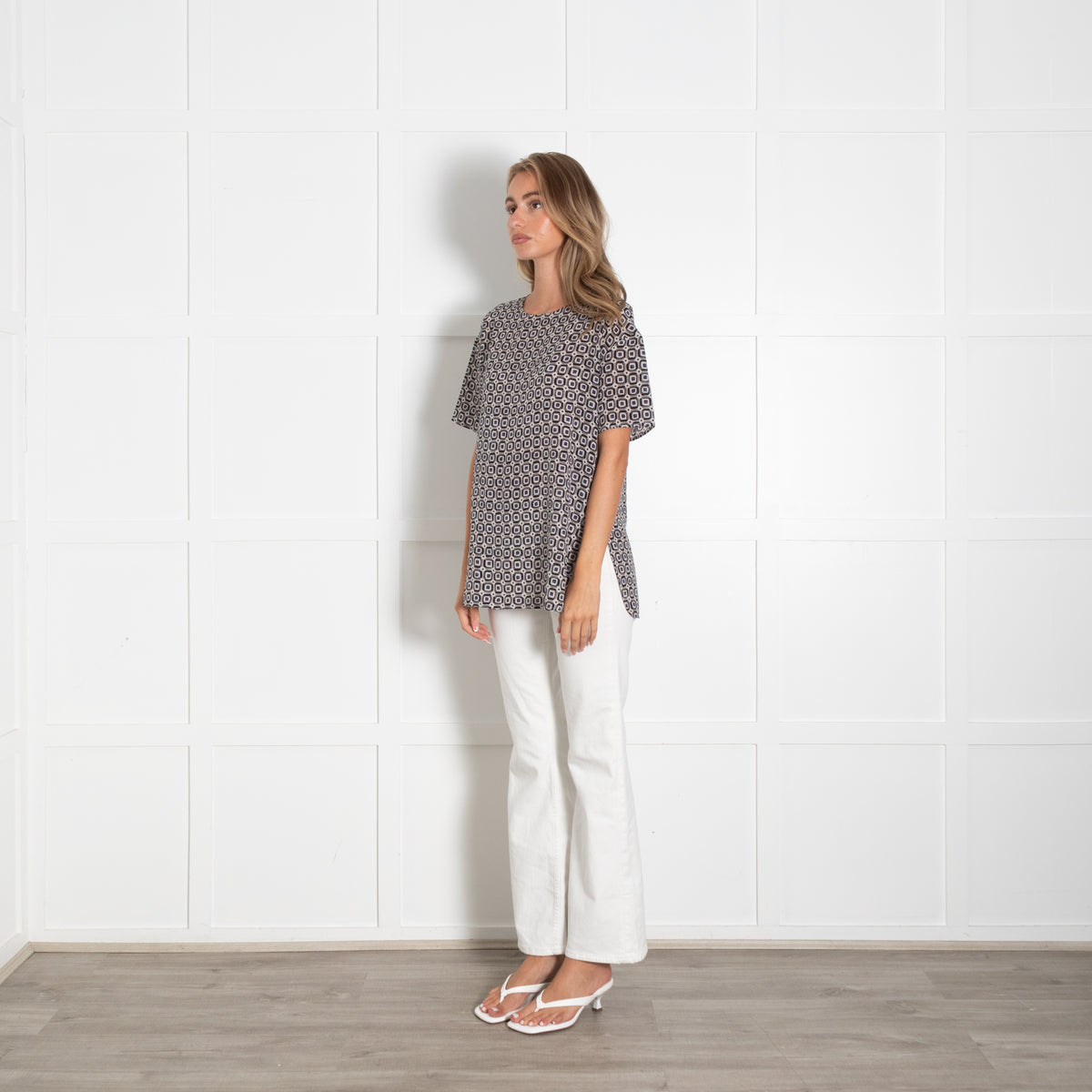 Bruno Manetti Grey Black Blue Geometric Print Silk Top