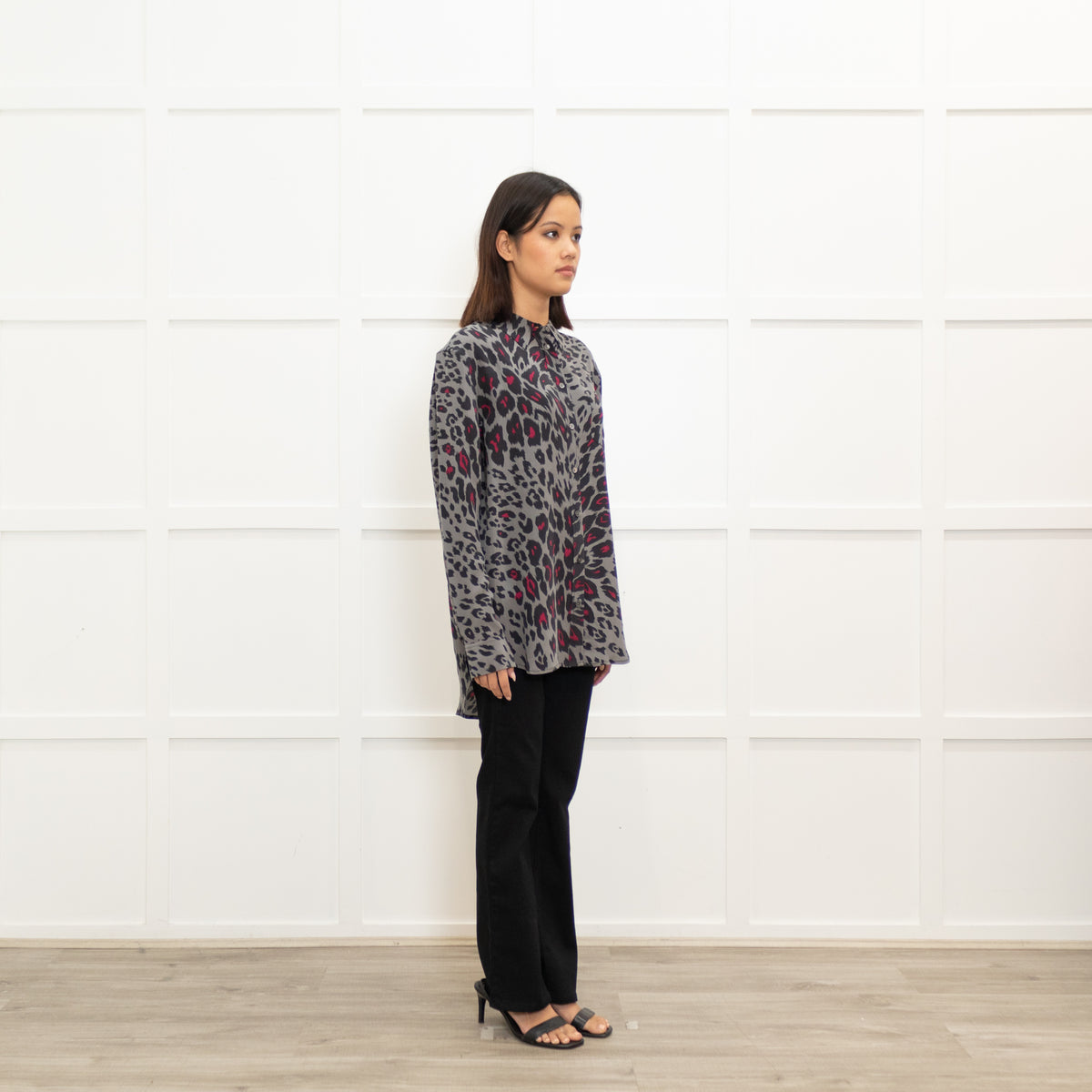 Equipment Grey and Fuschia Animal Print Silk Shirt