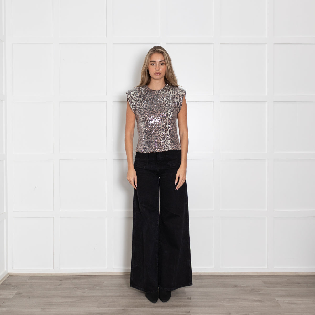 Ganni Animal Print/Sequin Cap Sleeve Top