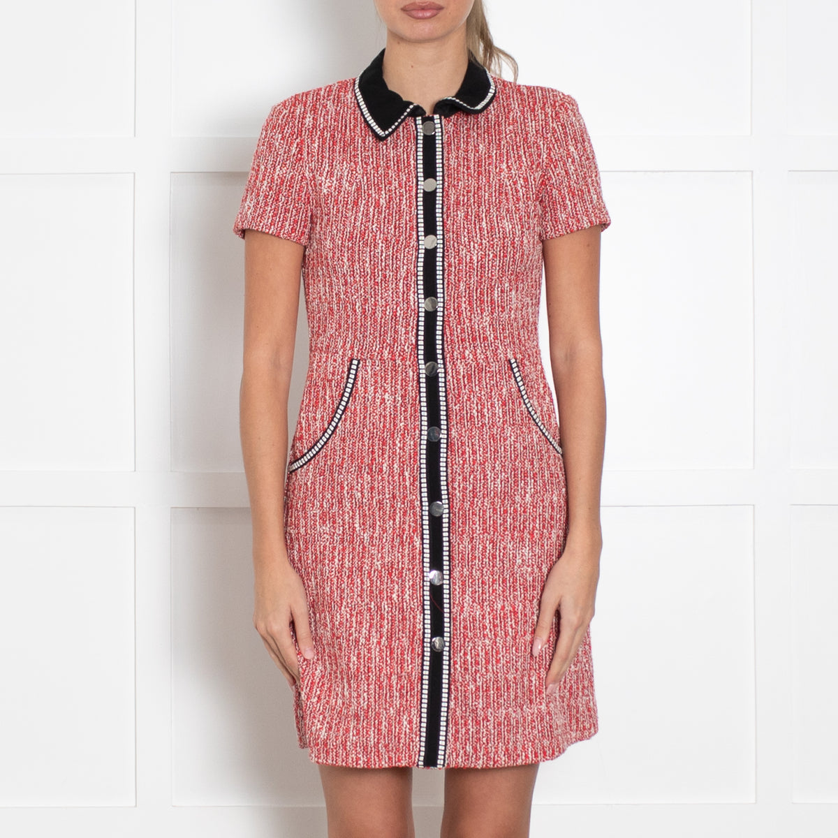 Maje Red White Tweed Short Sleeve Black Trim Dress