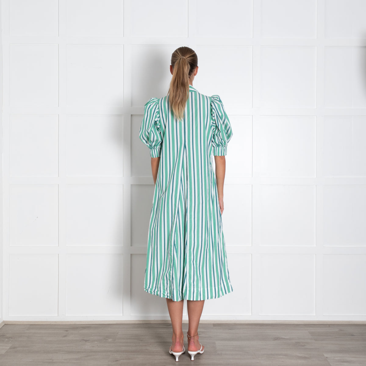 Ganni White Green Striped Mid Sleeve Shirt Dress With Collar And V Neck