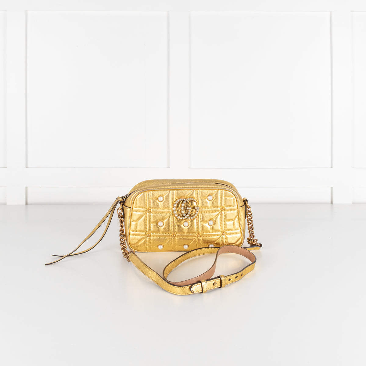 Gucci GG Marmont Gold Leather Pearl Crossbody Bag