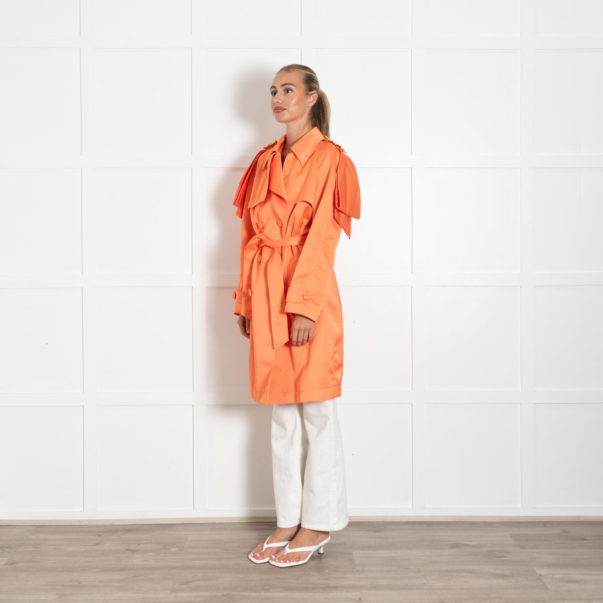Moschino Orange Gold Buckle Shoulder Detail Satin Coat