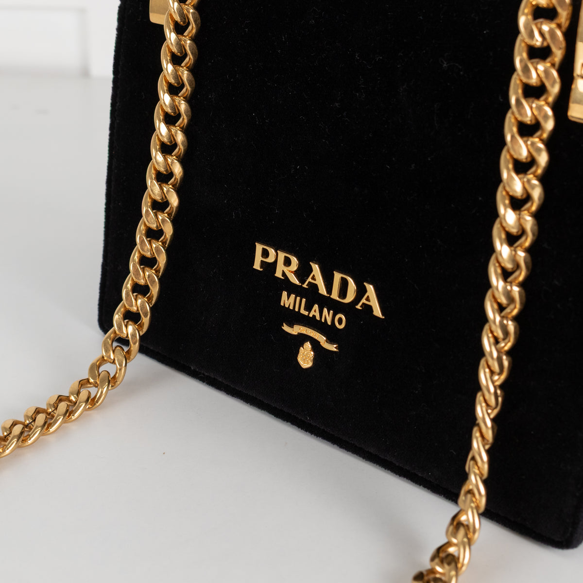 Prada Pattina Black Velvet Flap Bag With Gold Chain