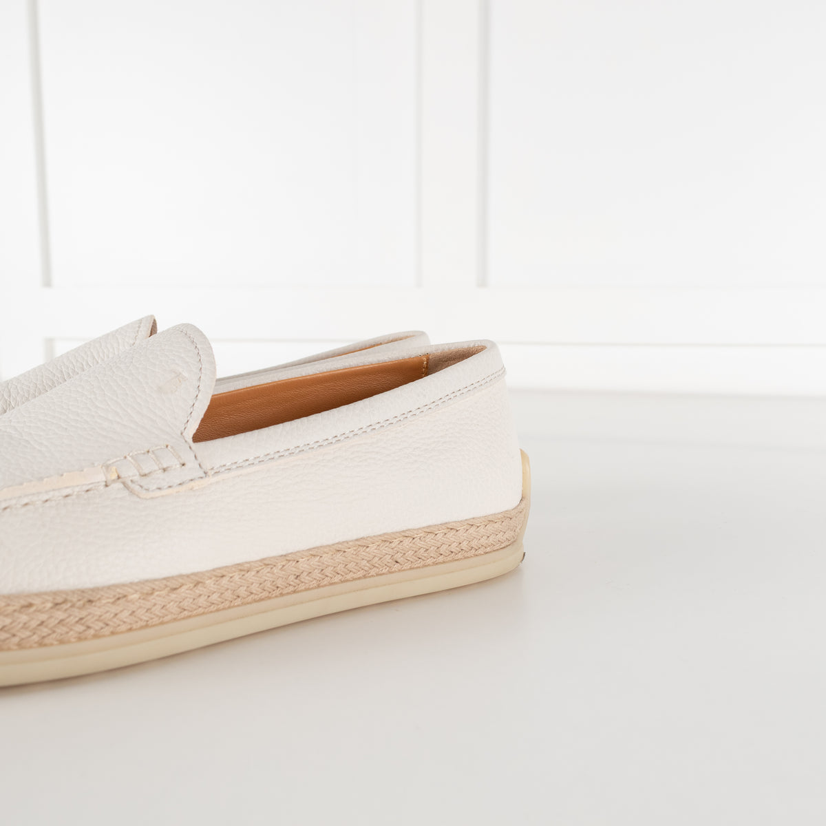Tod's White Raffia Trimmed Leather Loafers