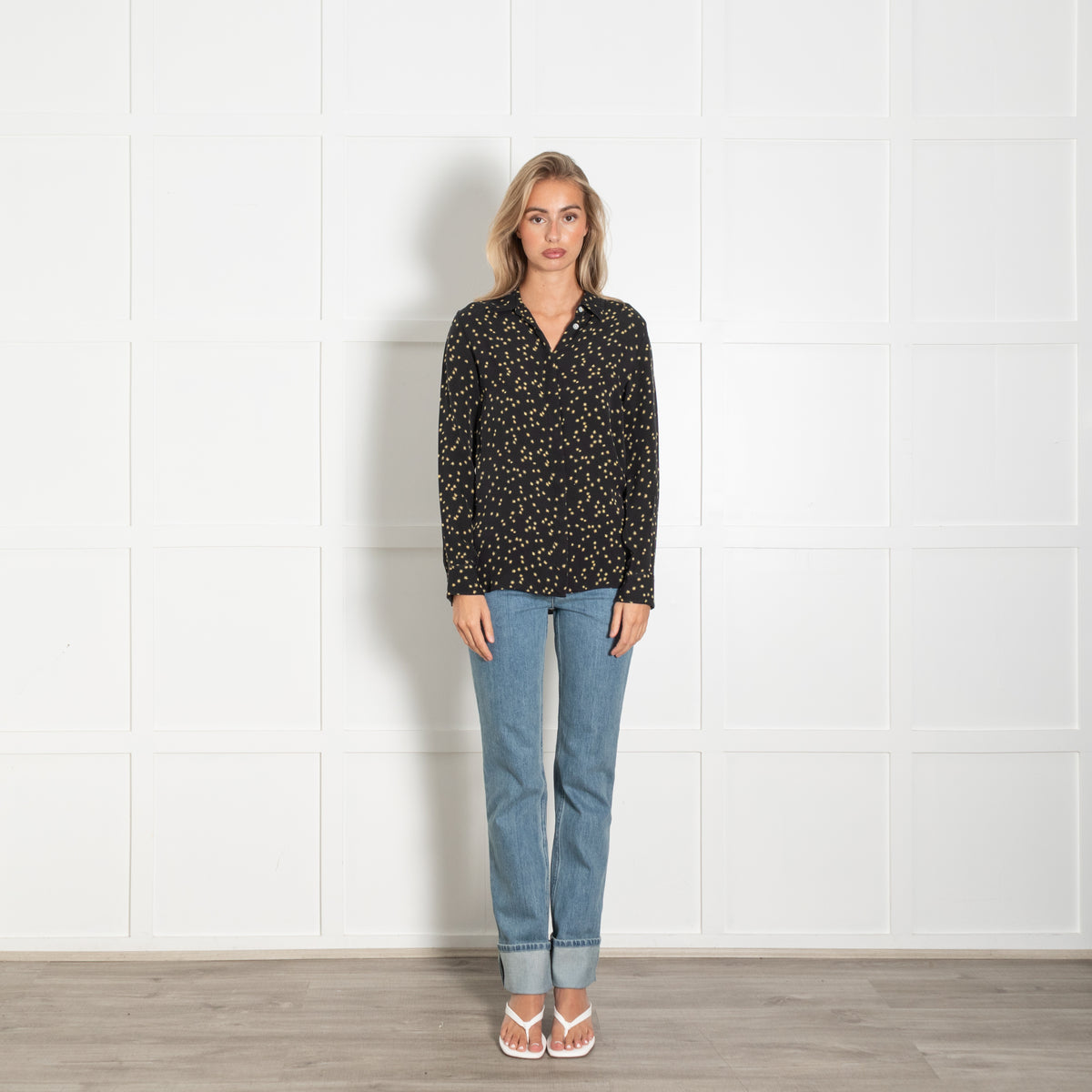 Theory Black Yellow Floral Silk Blouse