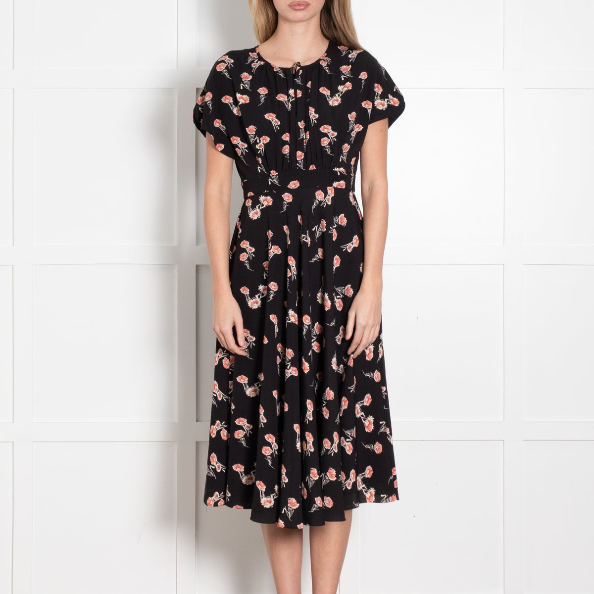 Mikael Aghal Black Orange Floral Sleeveless Midi Dress