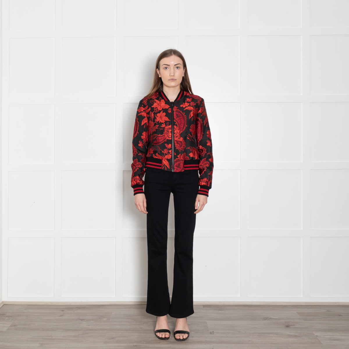 Alice + Olivia Black Red Floral Jacquard Bomber Jacket