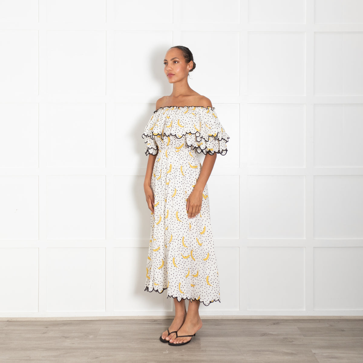 Gul Hurgel White & Yellow Banana Print Maxi Dress