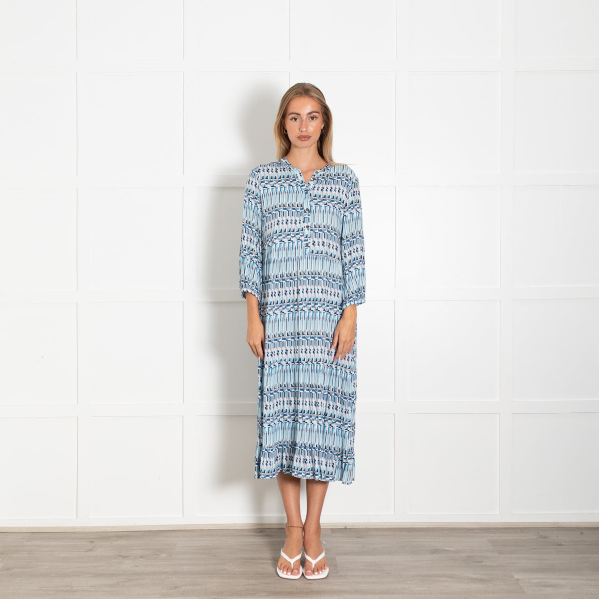 Dea Kudibal Blue Pink Patterned Long Sleeve Midi Dress