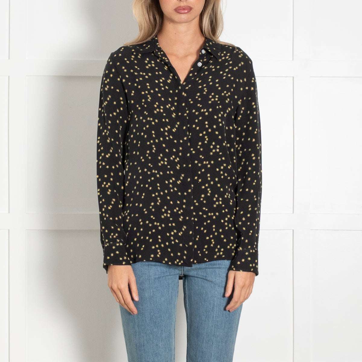 Theory Black Yellow Floral Silk Blouse