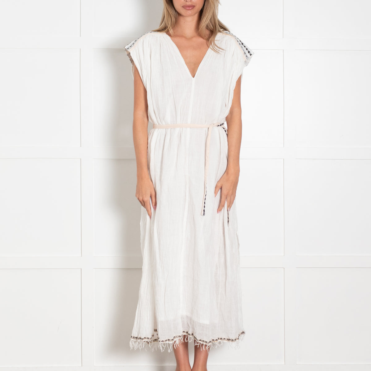 LemLem White Cotton Gauze Oversized Kaftan with Tassles edges