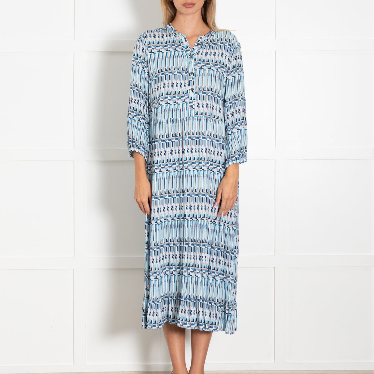 Dea Kudibal Blue Pink Patterned Long Sleeve Midi Dress