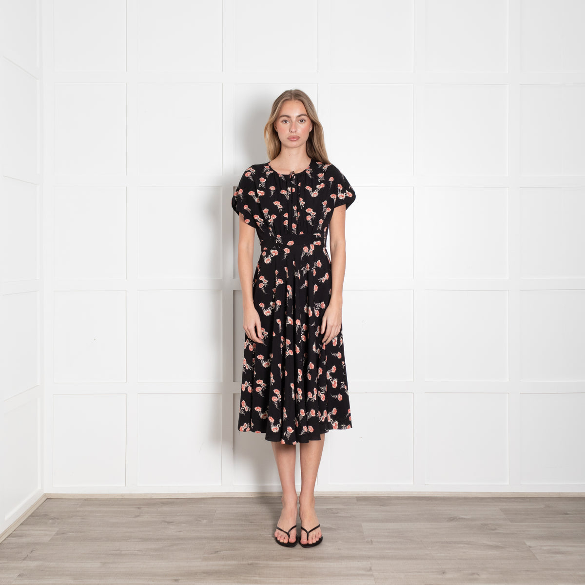 Mikael Aghal Black Orange Floral Sleeveless Midi Dress
